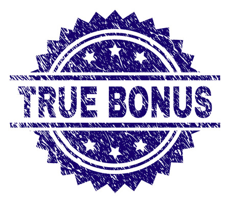 TRUE BONUS stamp seal watermark with distress style. Blue vector rubber print of TRUE BONUS tag with scratched texture.のイラスト素材