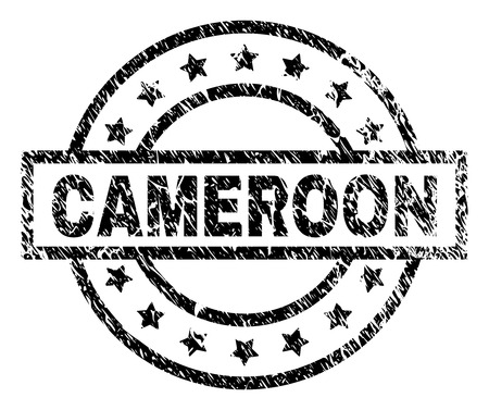 CAMEROON stamp seal watermark with distress style. Designed with rectangle, circles and stars. Black vector rubber print of CAMEROON title with retro texture.のイラスト素材