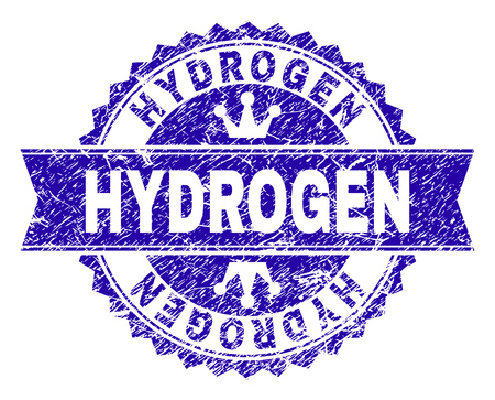 HYDROGEN rosette stamp imprint with distress style. Designed with round rosette, ribbon and small crowns. Blue vector rubber watermark of HYDROGEN title with dirty style.のイラスト素材