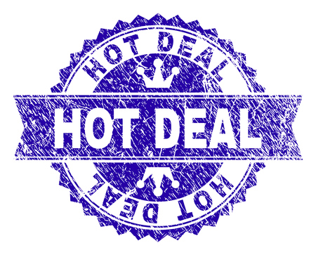 HOT DEAL rosette stamp imitation with grunge texture. Designed with round rosette, ribbon and small crowns. Blue vector rubber print of HOT DEAL caption with unclean texture.のイラスト素材
