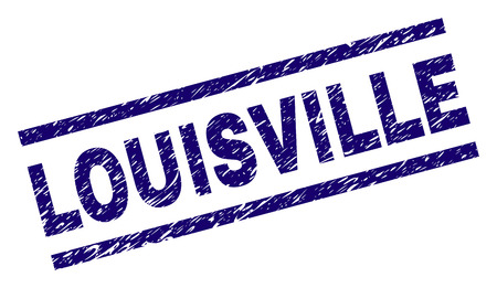 LOUISVILLE seal print with distress style. Blue vector rubber print of LOUISVILLE caption with unclean texture. Text caption is placed between parallel lines.のイラスト素材