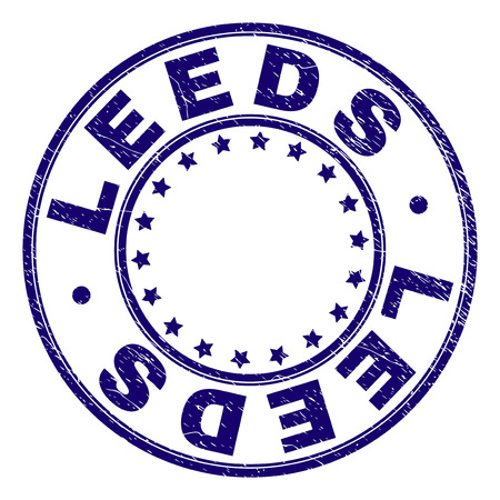 LEEDS stamp seal imprint with grunge texture. Designed with round shapes and stars. Blue vector rubber print of LEEDS title with dust texture.のイラスト素材