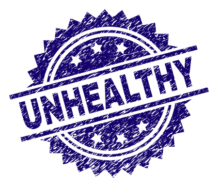 UNHEALTHY stamp seal watermark with distress style. Blue vector rubber print of UNHEALTHY caption with dirty texture.のイラスト素材