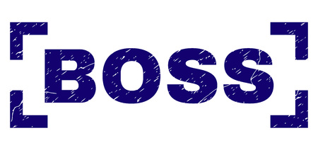 BOSS text seal print with corroded texture. Text title is placed between corners. Blue vector rubber print of BOSS with retro texture.のイラスト素材