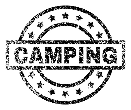 CAMPING stamp seal watermark with distress style. Designed with rectangle, circles and stars. Black vector rubber print of CAMPING title with grunge texture.のイラスト素材