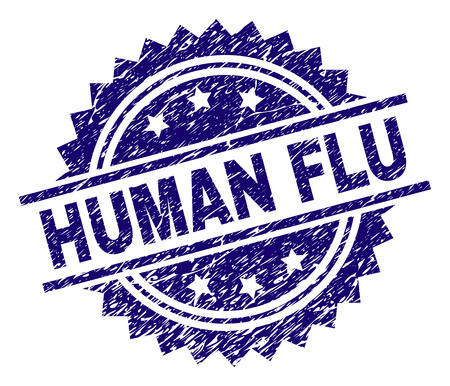 HUMAN FLU stamp seal watermark with distress style. Blue vector rubber print of HUMAN FLU caption with unclean texture.のイラスト素材