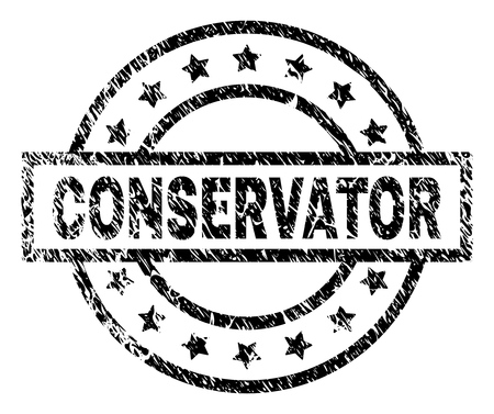CONSERVATOR stamp seal watermark with distress style. Designed with rectangle, circles and stars. Black vector rubber print of CONSERVATOR title with corroded texture.のイラスト素材