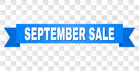 SEPTEMBER SALE text on a ribbon. Designed with white title and blue tape. Vector banner with SEPTEMBER SALE tag on a transparent background.のイラスト素材