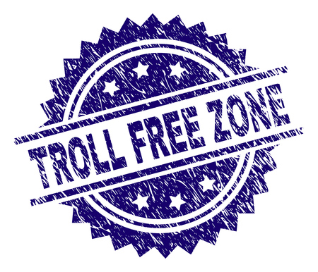 TROLL FREE ZONE stamp seal watermark with distress style. Blue vector rubber print of TROLL FREE ZONE tag with grunge texture.のイラスト素材