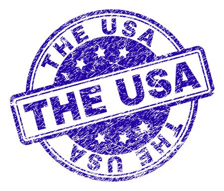 THE USA stamp seal imprint with distress texture. Designed with rounded rectangles and circles. Blue vector rubber print of THE USA label with unclean texture.のイラスト素材