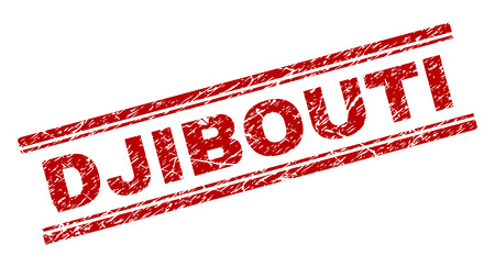 DJIBOUTI seal print with grunge texture. Red vector rubber print of DJIBOUTI text with dirty texture. Text tag is placed between double parallel lines.のイラスト素材