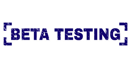 BETA TESTING caption seal print with distress texture. Text caption is placed inside corners. Blue vector rubber print of BETA TESTING with dirty texture.のイラスト素材