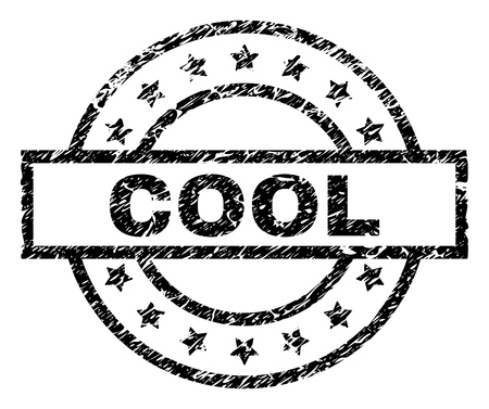 COOL stamp seal watermark with distress style. Designed with rectangle, circles and stars. Black vector rubber print of COOL tag with dust texture.のイラスト素材