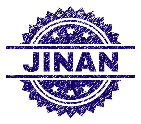 JINAN stamp seal watermark with distress style. Blue vector rubber print of JINAN tag with grunge texture.のイラスト素材