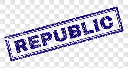 REPUBLIC stamp seal print with rubber print style and double framed rectangle shape. Stamp is placed on a transparent background. Blue vector rubber print of REPUBLIC tag with grunge texture.のイラスト素材
