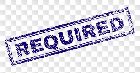 REQUIRED stamp seal watermark with rubber print style and double framed rectangle shape. Stamp is placed on a transparent background. Blue vector rubber print of REQUIRED tag with grunge texture.のイラスト素材