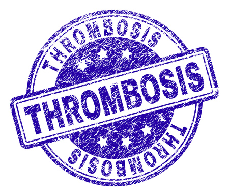 THROMBOSIS stamp seal watermark with distress texture. Designed with rounded rectangles and circles. Blue vector rubber print of THROMBOSIS text with dust texture.のイラスト素材