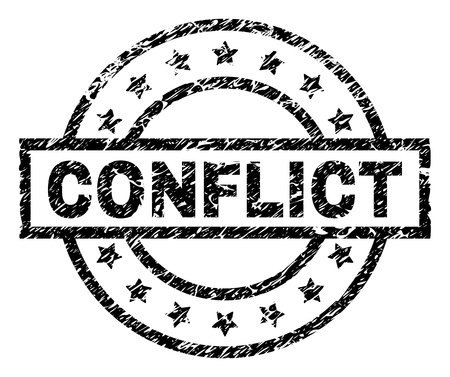 CONFLICT stamp seal watermark with distress style. Designed with rectangle, circles and stars. Black vector rubber print of CONFLICT title with grunge texture.のイラスト素材