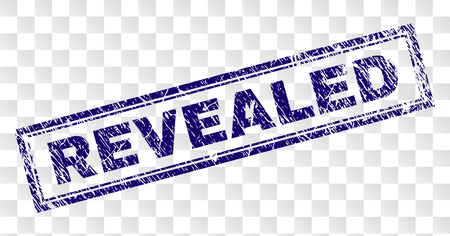 REVEALED stamp seal print with rubber print style and double framed rectangle shape. Stamp is placed on a transparent background. Blue vector rubber print of REVEALED title with corroded texture.のイラスト素材