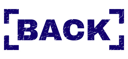 BACK title seal print with grunge texture. Text label is placed between corners. Blue vector rubber print of BACK with grunge texture.のイラスト素材