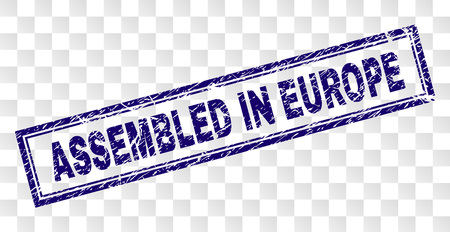 ASSEMBLED IN EUROPE stamp seal print with grunge style and double framed rectangle shape. Stamp is placed on a transparent background.のイラスト素材
