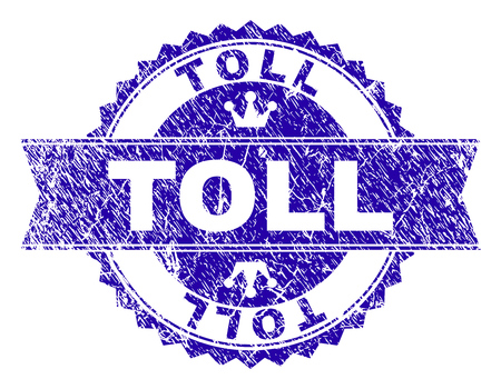 TOLL rosette stamp watermark with distress texture. Designed with round rosette, ribbon and small crowns. Blue vector rubber watermark of TOLL caption with corroded texture.のイラスト素材