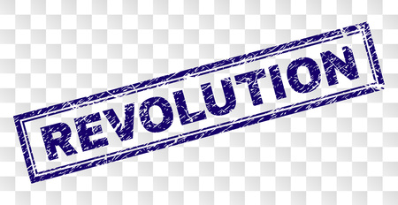 REVOLUTION stamp seal print with rubber print style and double framed rectangle shape. Stamp is placed on a transparent background. Blue vector rubber print of REVOLUTION tag with grunge texture.のイラスト素材
