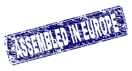ASSEMBLED IN EUROPE stamp seal print with distress texture. Seal shape is a rounded rectangle with frame. Blue vector rubber print of ASSEMBLED IN EUROPE label with dust texture.のイラスト素材