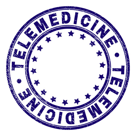 TELEMEDICINE stamp seal imprint with grunge texture. Designed with round shapes and stars. Blue vector rubber print of TELEMEDICINE text with grunge texture.のイラスト素材