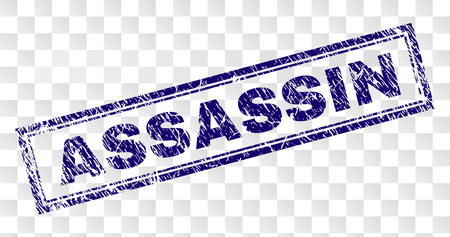 ASSASSIN stamp seal imprint with rubber print style and double framed rectangle shape. Stamp is placed on a transparent background. Blue vector rubber print of ASSASSIN title with dust texture.のイラスト素材