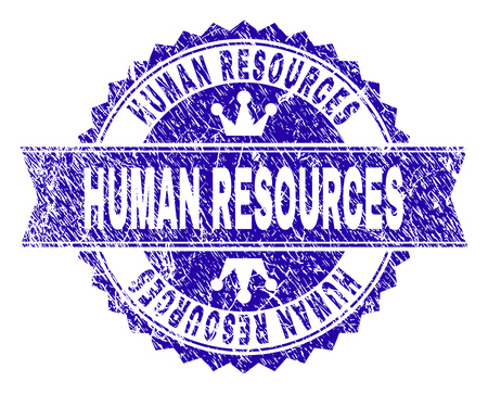 HUMAN RESOURCES rosette stamp seal imitation with grunge style. Designed with round rosette, ribbon and small crowns. Blue vector rubber print of HUMAN RESOURCES text with grunge style.のイラスト素材