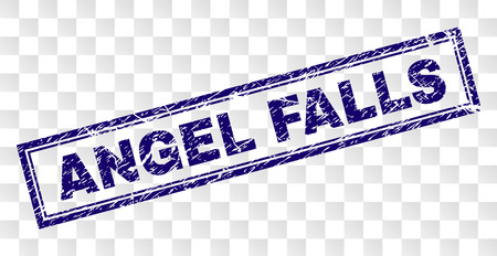 ANGEL FALLS stamp seal print with rubber print style and double framed rectangle shape. Stamp is placed on a transparent background. Blue vector rubber print of ANGEL FALLS text with retro texture.のイラスト素材