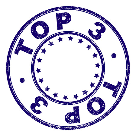 TOP 3 stamp seal watermark with grunge texture. Designed with circles and stars. Blue vector rubber print of TOP 3 text with unclean texture.のイラスト素材
