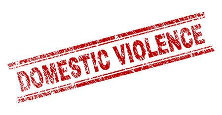DOMESTIC VIOLENCE seal print with distress texture. Red vector rubber print of DOMESTIC VIOLENCE title with corroded texture. Text title is placed between double parallel lines.のイラスト素材
