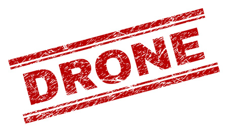 DRONE seal print with distress texture. Red vector rubber print of DRONE text with dirty texture. Text title is placed between double parallel lines.のイラスト素材