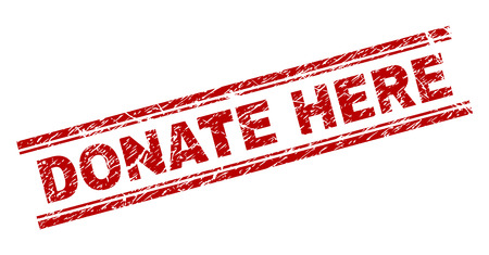 DONATE HERE seal print with distress effect. Red vector rubber print of DONATE HERE text with unclean texture. Text label is placed between double parallel lines.のイラスト素材