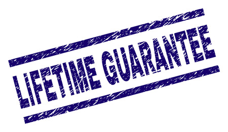 LIFETIME GUARANTEE seal print with grunge style. Blue vector rubber print of LIFETIME GUARANTEE label with grunge texture. Text title is placed between parallel lines.のイラスト素材