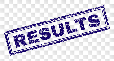 RESULTS stamp seal print with rubber print style and double framed rectangle shape. Stamp is placed on a transparent background. Blue vector rubber print of RESULTS text with corroded texture.のイラスト素材