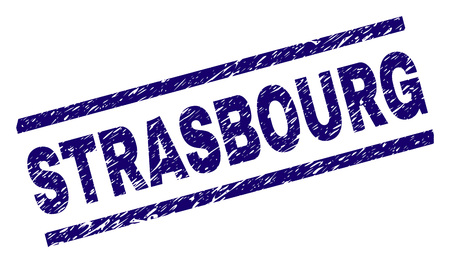 STRASBOURG seal print with grunge style. Blue vector rubber print of STRASBOURG tag with dust texture. Text tag is placed between parallel lines.のイラスト素材