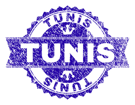 TUNIS rosette stamp watermark with grunge texture. Designed with round rosette, ribbon and small crowns. Blue vector rubber watermark of TUNIS text with corroded texture.のイラスト素材