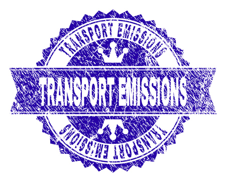 TRANSPORT EMISSIONS rosette stamp imitation with distress texture. Designed with round rosette, ribbon and small crowns. Blue vector rubber print of TRANSPORT EMISSIONS caption with scratched texture.のイラスト素材