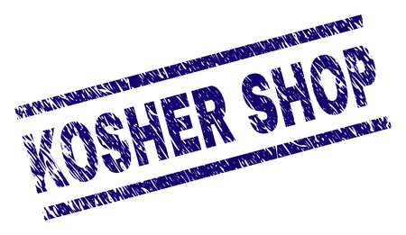 KOSHER SHOP seal print with distress style. Blue vector rubber print of KOSHER SHOP text with dirty texture. Text label is placed between parallel lines.のイラスト素材