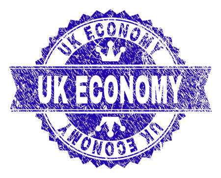 UK ECONOMY rosette seal watermark with grunge texture. Designed with round rosette, ribbon and small crowns. Blue vector rubber watermark of UK ECONOMY tag with dust texture.のイラスト素材