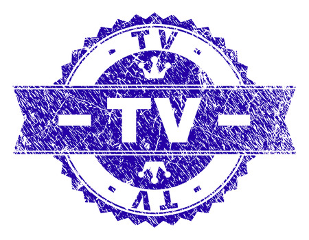TV rosette stamp watermark with distress style. Designed with round rosette, ribbon and small crowns. Blue vector rubber watermark of TV tag with scratched texture.のイラスト素材
