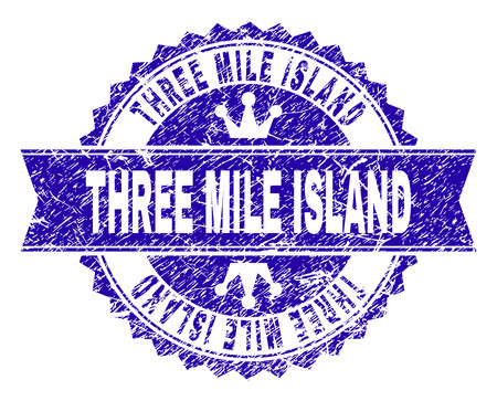 THREE MILE ISLAND rosette stamp seal overlay with distress style. Designed with round rosette, ribbon and small crowns. Blue vector rubber print of THREE MILE ISLAND caption with unclean style.のイラスト素材