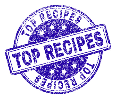 TOP RECIPES stamp seal watermark with grunge texture. Designed with rounded rectangles and circles. Blue vector rubber print of TOP RECIPES caption with unclean texture.のイラスト素材