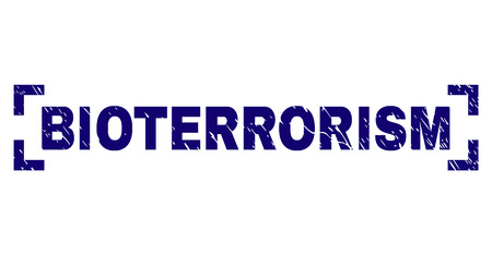 BIOTERRORISM title seal print with grunge texture. Text title is placed inside corners. Blue vector rubber print of BIOTERRORISM with retro texture.のイラスト素材