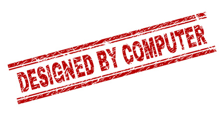 DESIGNED BY COMPUTER seal print with grunge texture. Red vector rubber print of DESIGNED BY COMPUTER title with grunge texture. Text tag is placed between double parallel lines.のイラスト素材