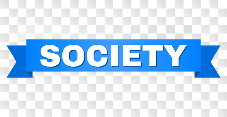 SOCIETY text on a ribbon. Designed with white title and blue tape. Vector banner with SOCIETY tag on a transparent background.のイラスト素材