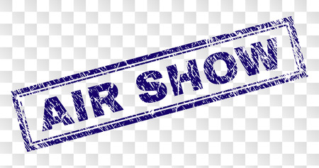 AIR SHOW stamp seal watermark with rubber print style and double framed rectangle shape. Stamp is placed on a transparent background. Blue vector rubber print of AIR SHOW title with unclean texture.のイラスト素材